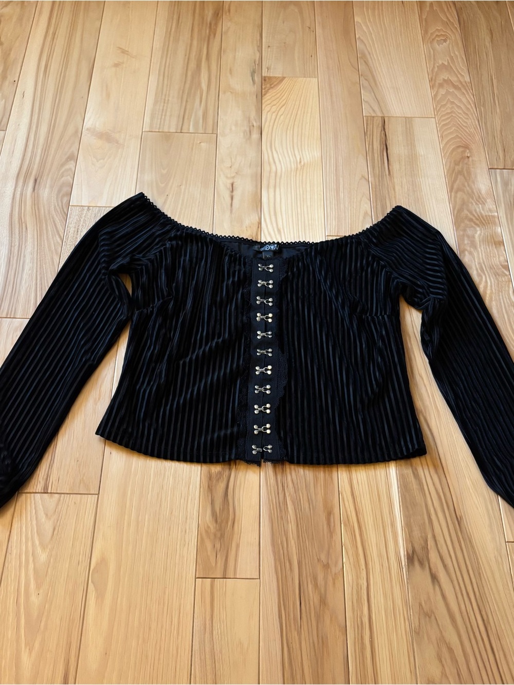 Dolls Kill Widow Black Velvet Off Shoulder Hook and Eye Front Closure Top